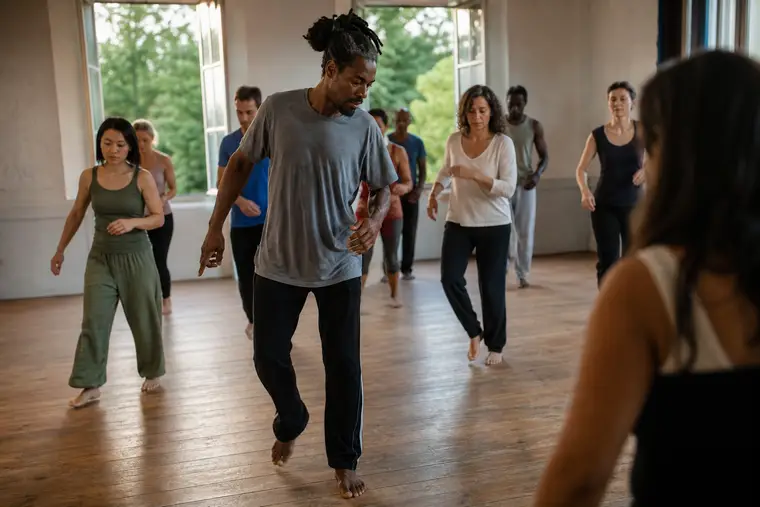 Groupe d’adultes répétant des pas rythmés dans une salle de danse