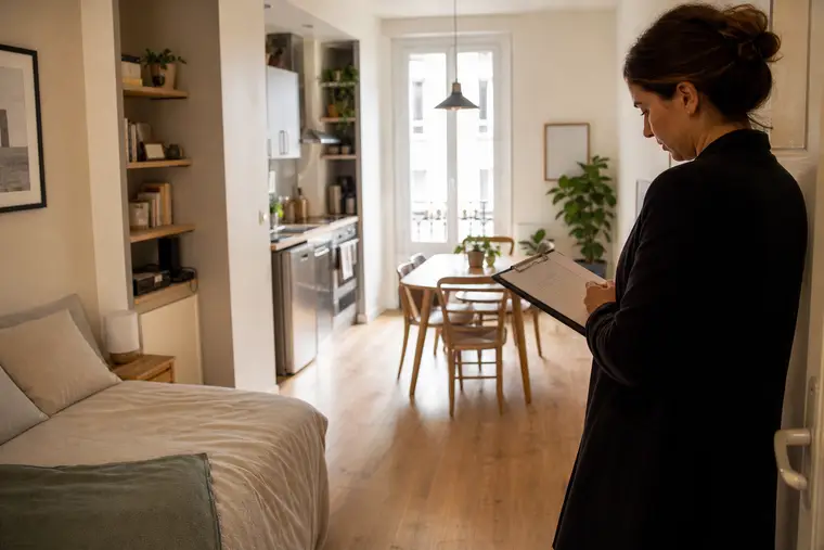 Appartement meublé équipé avec lit, table, cuisine et rangements
