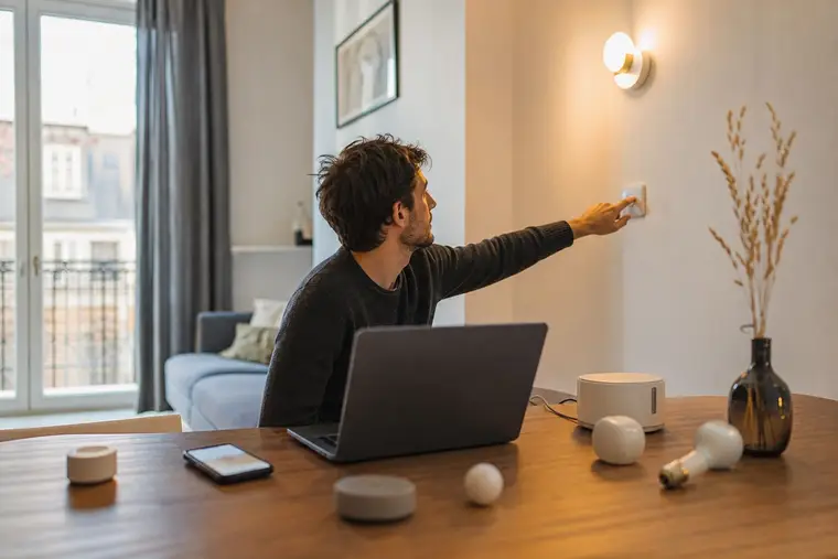 Développeur testant des capteurs connectés dans un appartement avec son téléphone