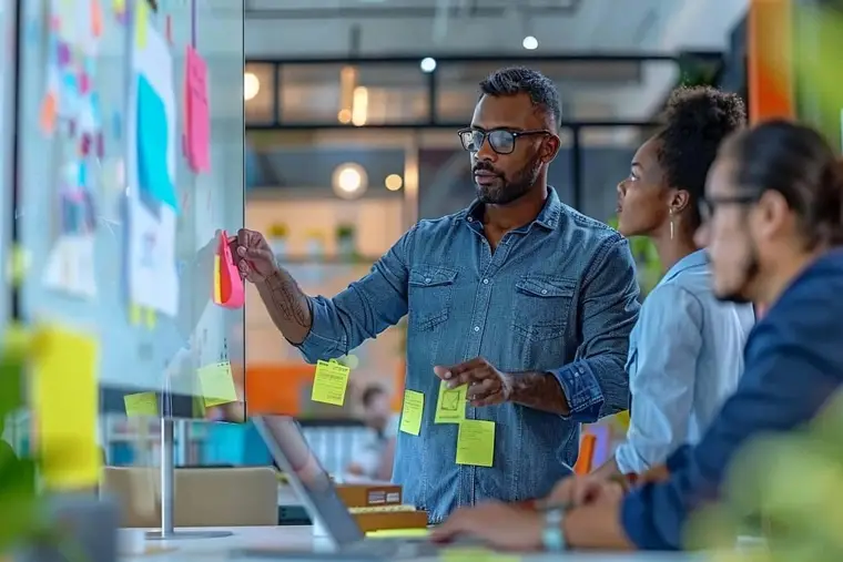 Équipe pluridisciplinaire devant un tableau Kanban de cartes anonymes