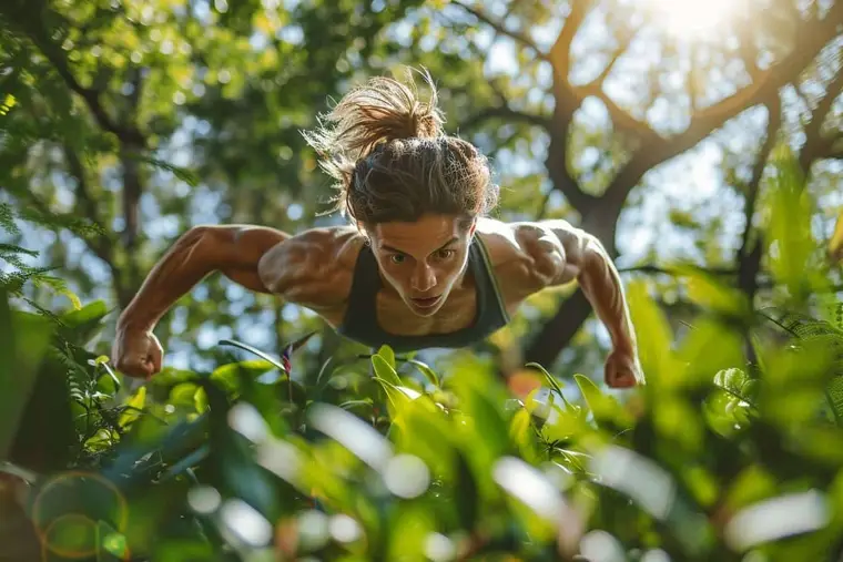 Sportive effectuant un squat guidé dans une salle lumineuse