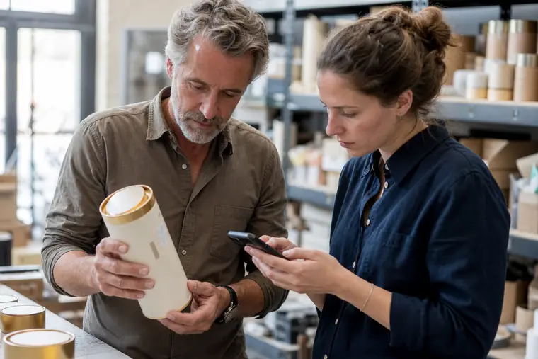 Responsable marketing et technicien vérifiant la traçabilité d’un produit en atelier