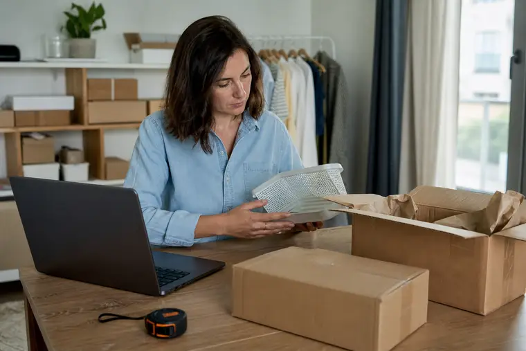 Entrepreneur vérifiant un produit échantillon et un colis avant sa mise en vente