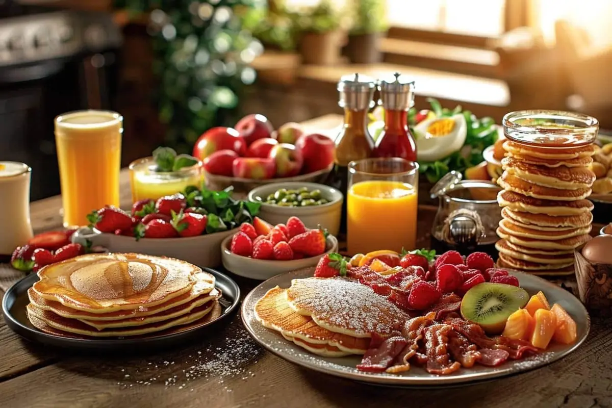 Table de brunch dominical avec frittata, pancakes, fruits frais et pain