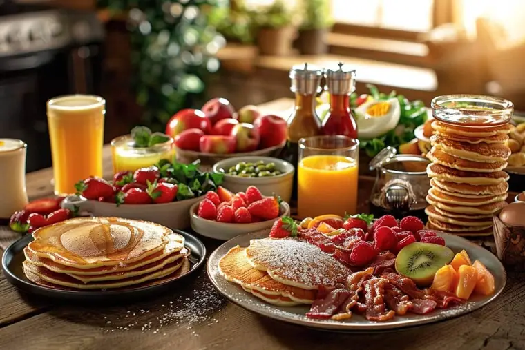 Table de brunch dominical avec frittata, pancakes, fruits frais et pain