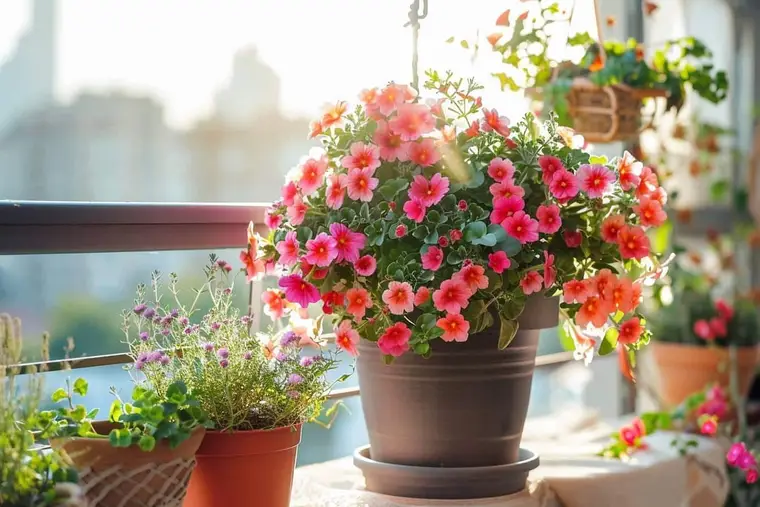 Petit balcon urbain aménagé avec aromatiques, fraisiers, tomates et fleurs en pots