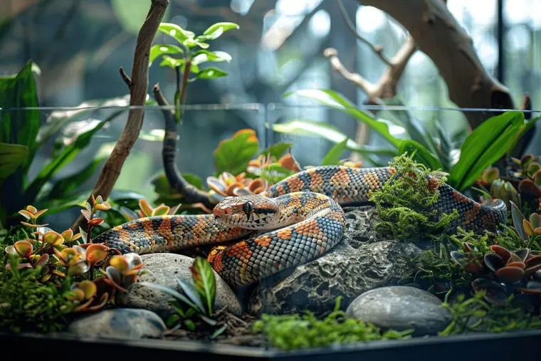 Serpent des blés dans un terrarium sécurisé avec cachettes et point d’eau