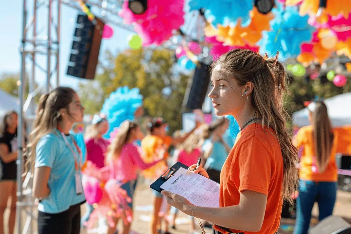 Équipe préparant une piste et une scène pour un festival de danse