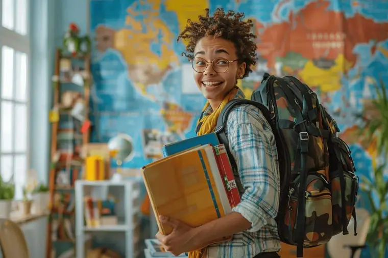 Jeune adulte préparant une valise et des documents de voyage sur une table