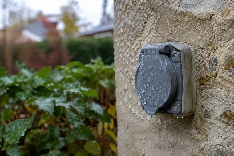Prise électrique extérieure à clapet ruisselant de pluie sur un mur de façade