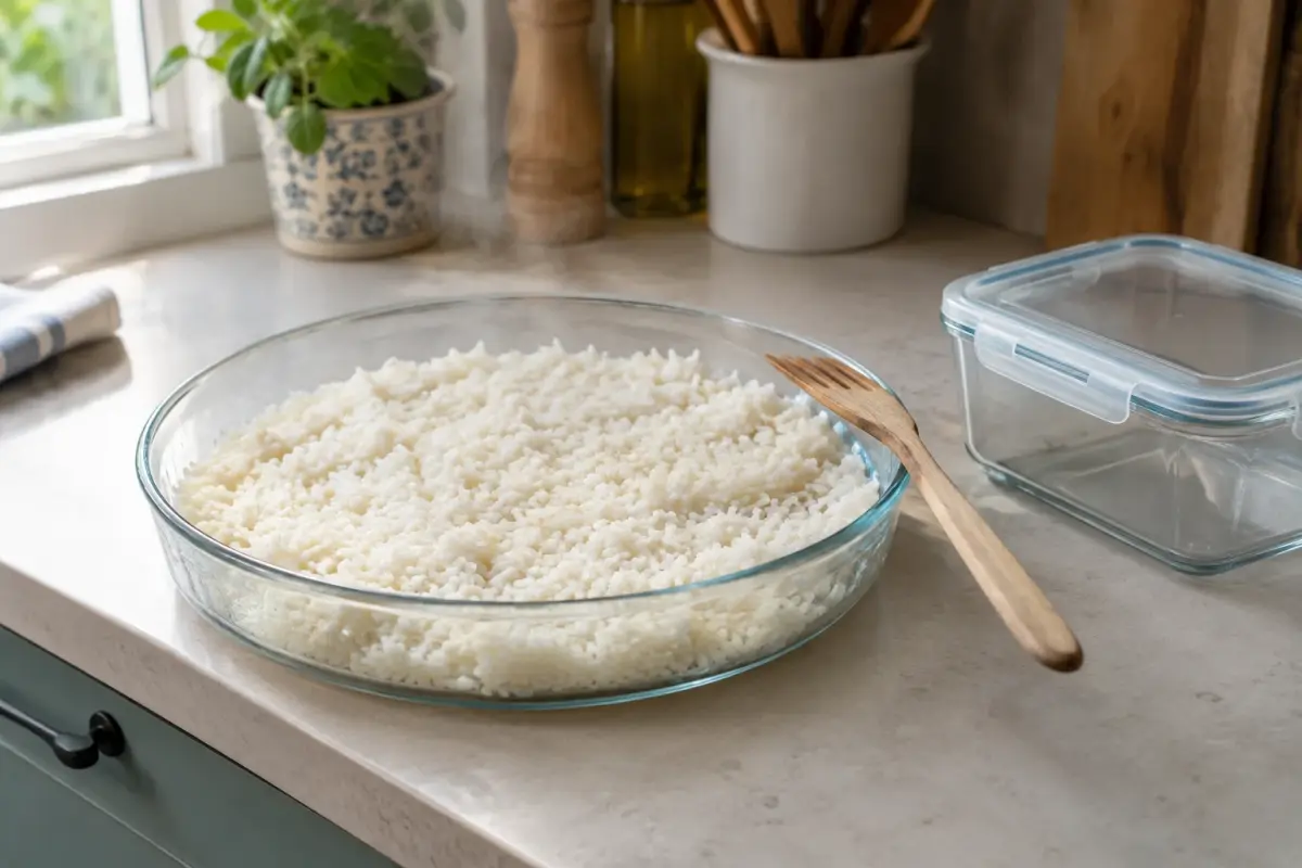 Riz blanc cuit étalé en couche fine dans un plat en verre pour refroidir