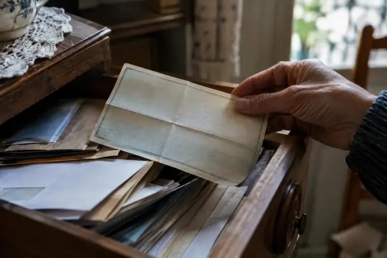 Main sortant un vieux chèque plié d’un tiroir rempli de papiers