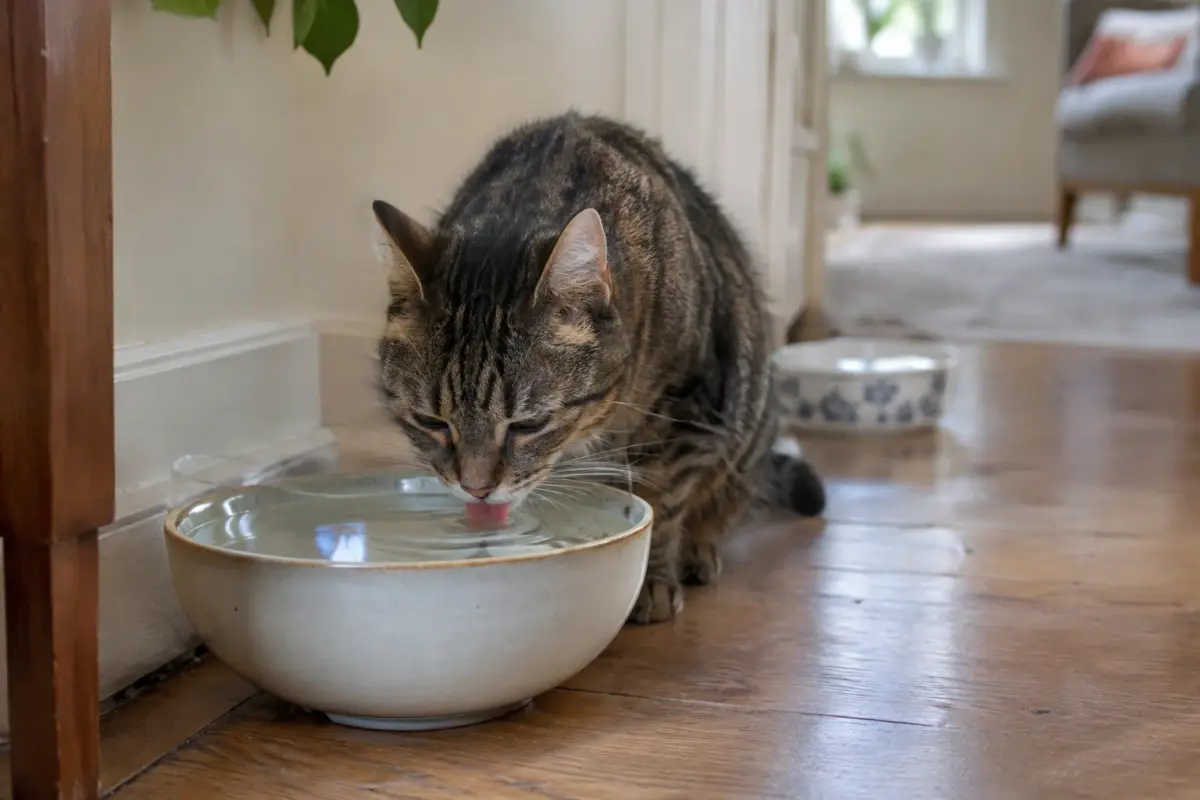Chat tigré buvant dans un bol en céramique large et peu profond posé au sol