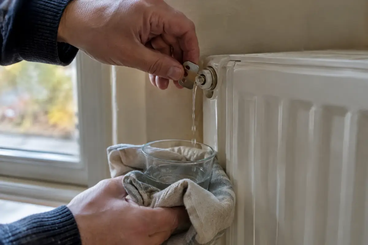 Main ouvrant le purgeur d’un radiateur blanc avec une clé, chiffon placé dessous