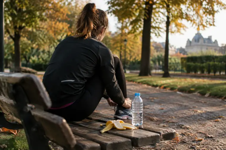 Coureuse laçant ses chaussures sur un banc de parc, peau de banane et bouteille d’eau à côté